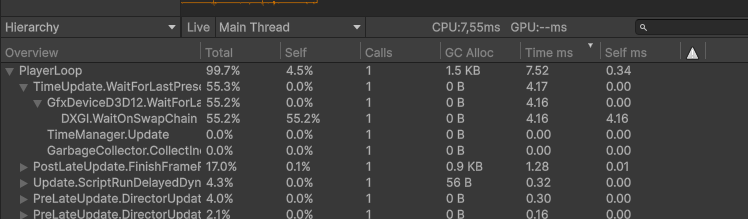 Profiler hierarchy after optimization showing 13.18ms CPU