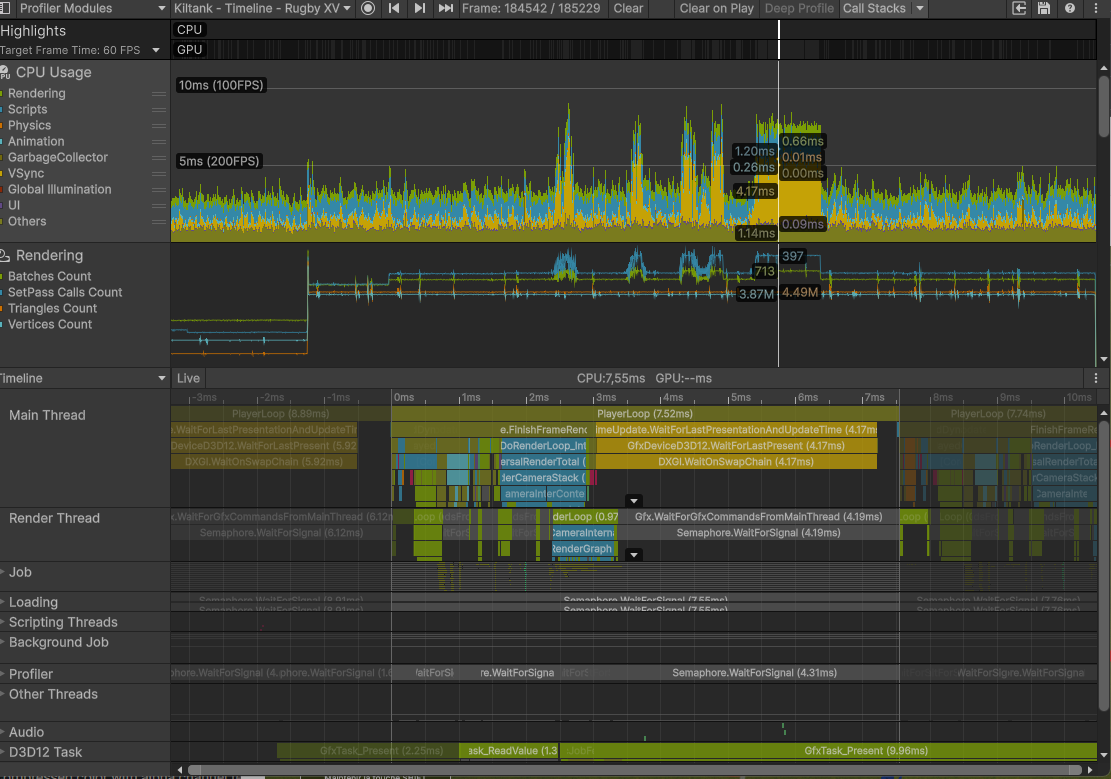 Profiler timeline after optimization, DXGI wait collapsed