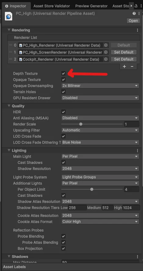 URP Renderer asset with Depth Texture checkbox enabled under Rendering