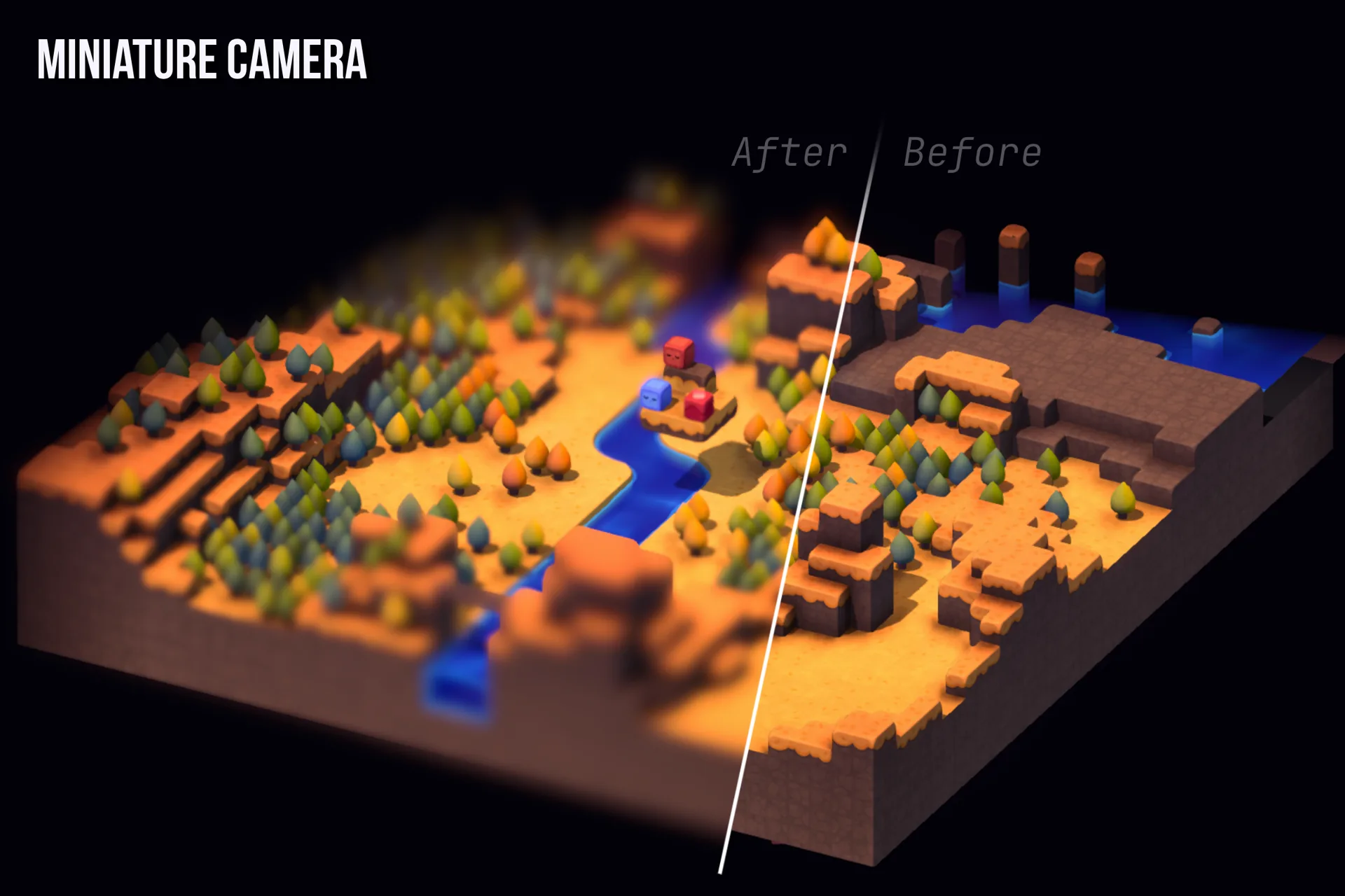 Miniature scene showcase with tilt-shift effect