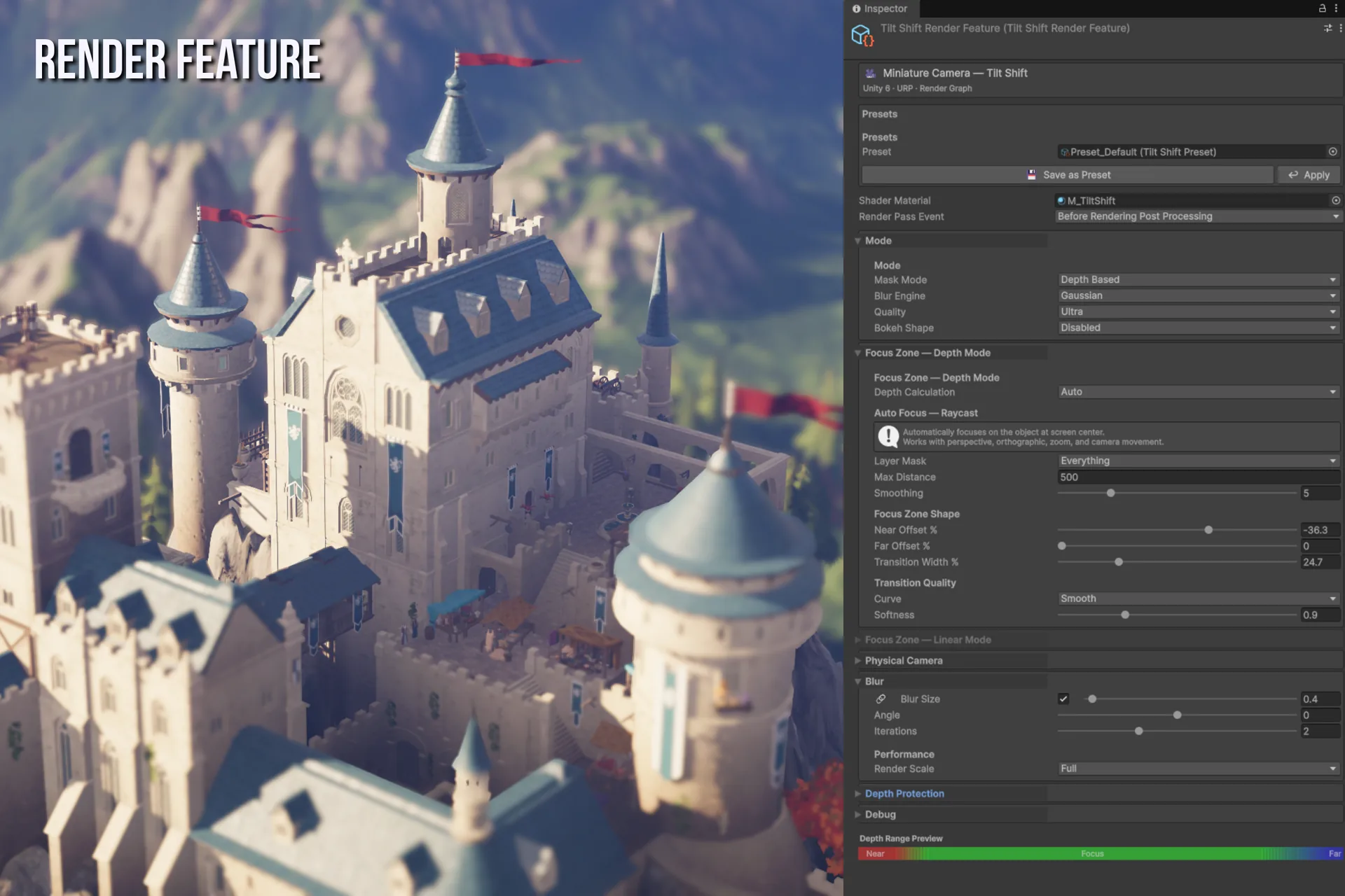 Tilt Shift Render Feature inspector showing all settings fields
