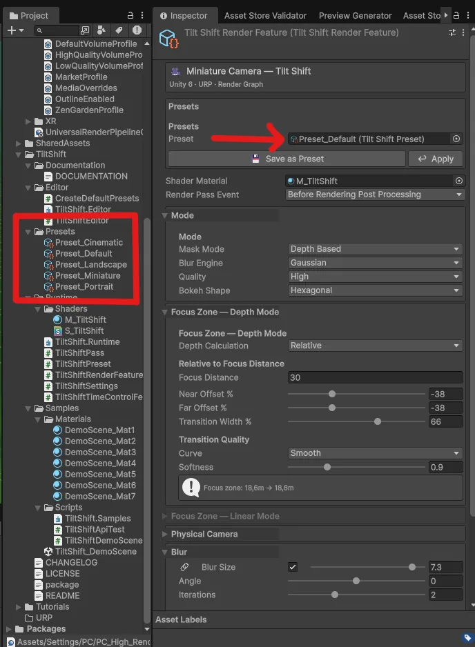 Preset dropdown with built-in presets: Default, Portrait, Landscape, Miniature, Cinematic